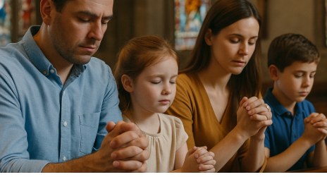 Familia rezando junta en la iglesia